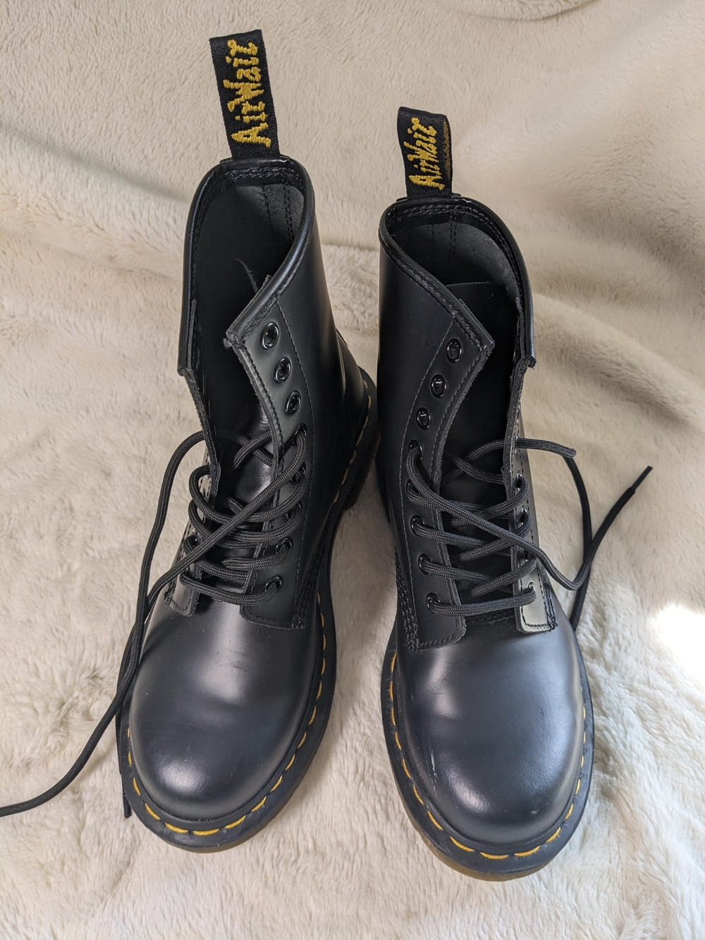 Dr. Martens Black Leather 8-Eye Combat Boots with Yellow Stitching